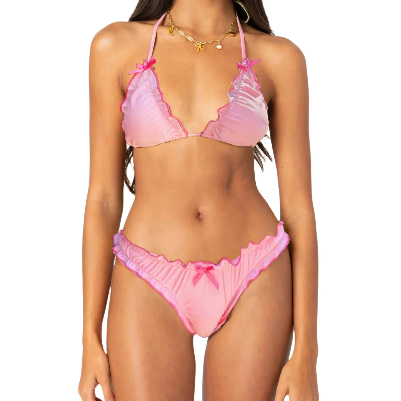Ruffle Trim Halter Neck Tie-up Bikini Set with High Waisted Bottoms - Beach Pool Party Outfits