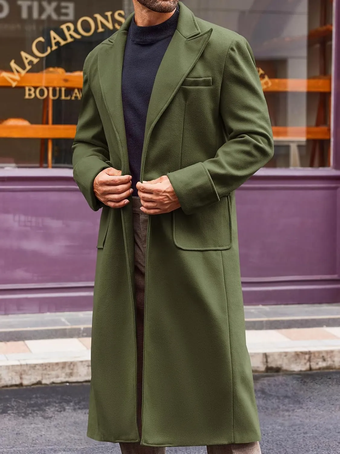 Runcati Men's Trench Coat Notched Collar Long Pea Coat Casual Warm Winter Overcoat With Pockets
