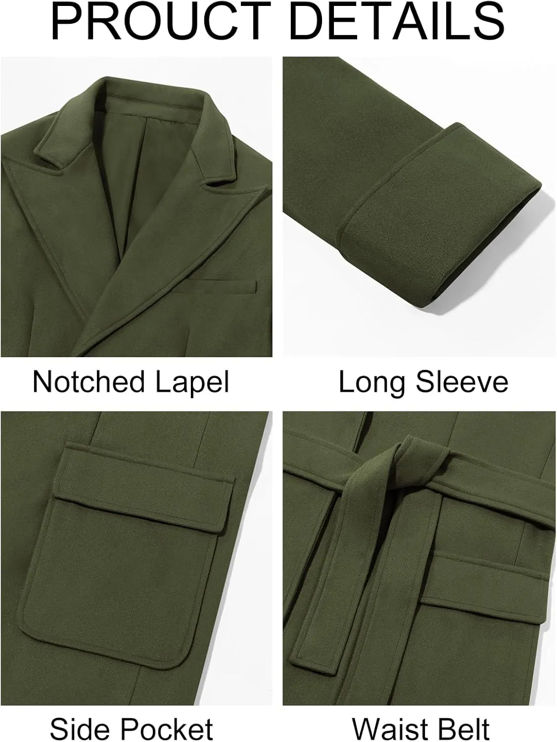 Runcati Men's Trench Coat Notched Collar Long Pea Coat Casual Warm Winter Overcoat With Pockets