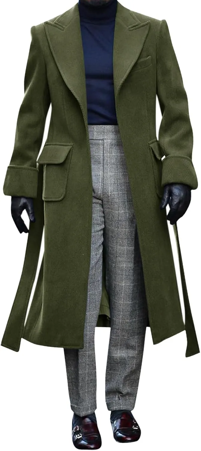 Runcati Men's Trench Coat Notched Collar Long Pea Coat Casual Warm Winter Overcoat With Pockets