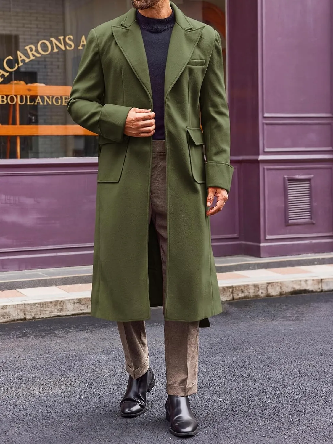 Runcati Men's Trench Coat Notched Collar Long Pea Coat Casual Warm Winter Overcoat With Pockets