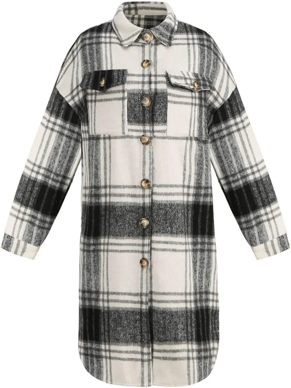 SeekMe Women's Oversized Flannel Plaid Shacket Jacket Flap Pocket Lapel Button Down Long Shirt Jackets