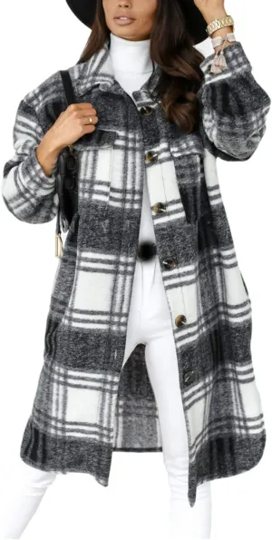 SeekMe Women's Oversized Flannel Plaid Shacket Jacket Flap Pocket Lapel Button Down Long Shirt Jackets