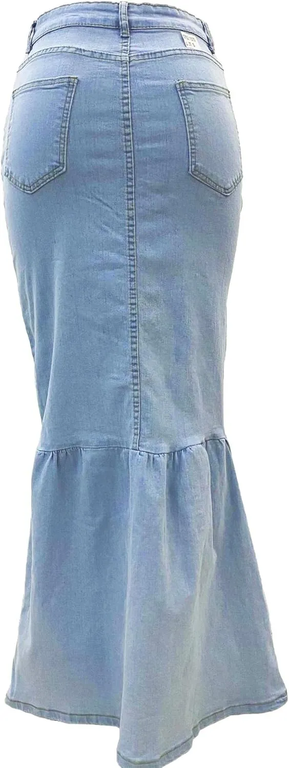 SEMATOMALA Women's Button Down Denim Ruffle Maxi Dress Packaged Hip Mermaid Elegant Long Fishtail Jeans Blue Skirt