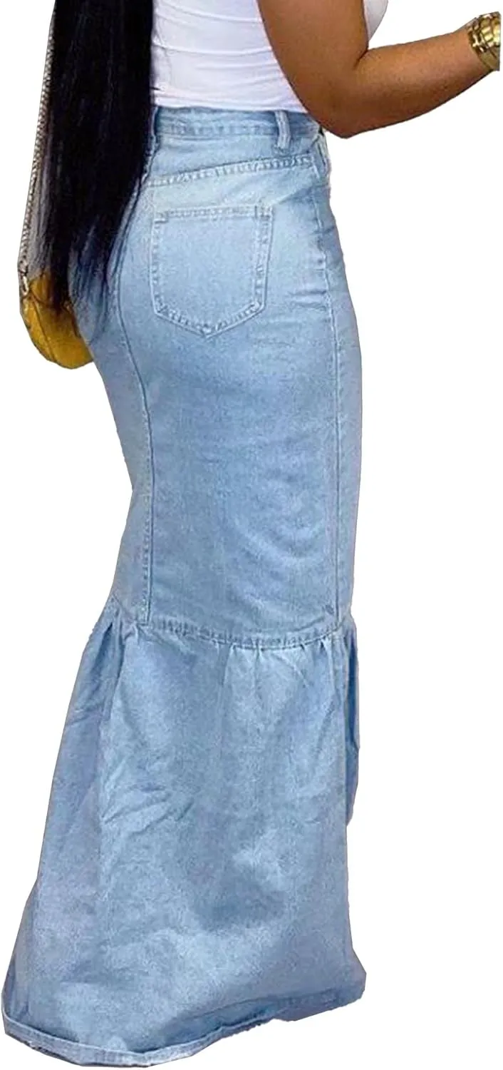 SEMATOMALA Women's Button Down Denim Ruffle Maxi Dress Packaged Hip Mermaid Elegant Long Fishtail Jeans Blue Skirt
