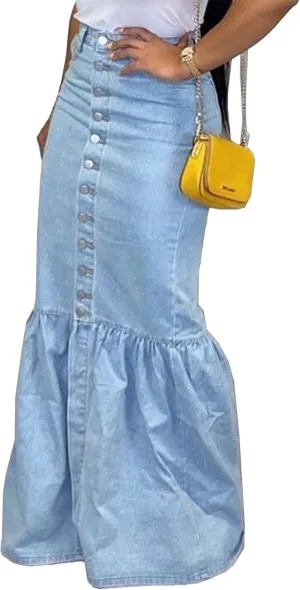 SEMATOMALA Women's Button Down Denim Ruffle Maxi Dress Packaged Hip Mermaid Elegant Long Fishtail Jeans Blue Skirt