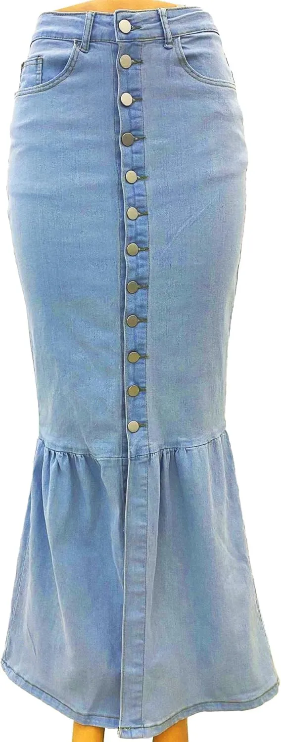 SEMATOMALA Women's Button Down Denim Ruffle Maxi Dress Packaged Hip Mermaid Elegant Long Fishtail Jeans Blue Skirt