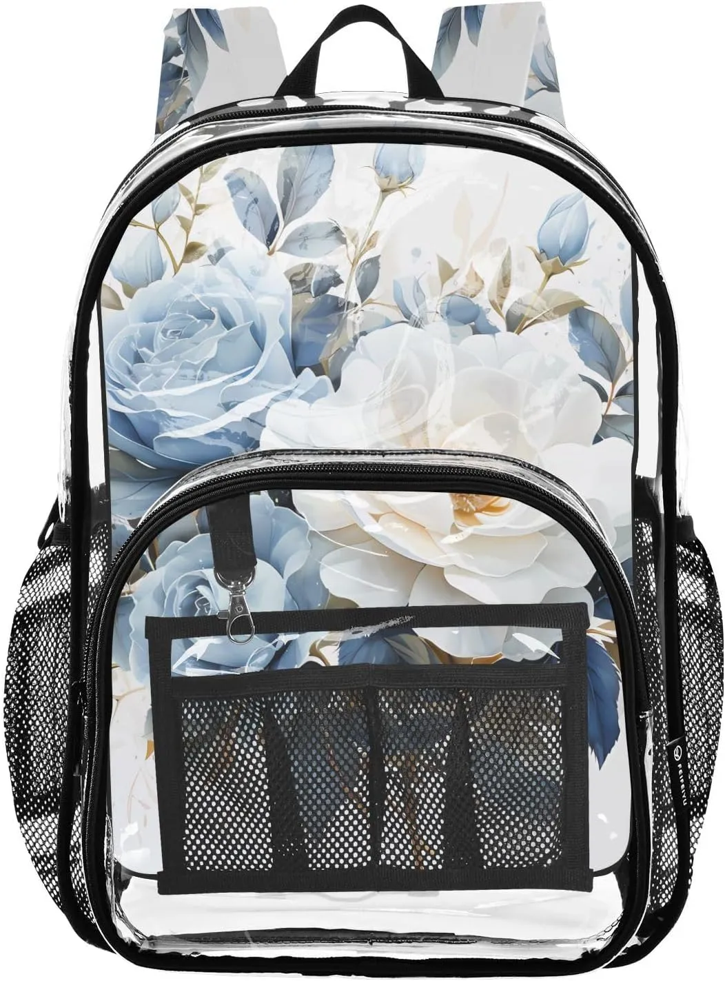 senya Transparent School Bag Blue-white Roses Travel Backpack With Water-Resistant PVC Plastic Clear Bagpack