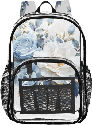 senya Transparent School Bag Blue-white Roses Travel Backpack With Water-Resistant PVC Plastic Clear Bagpack