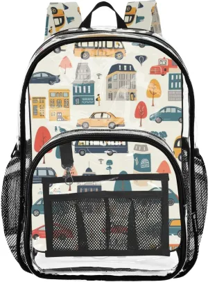 senya Transparent School Bag City Cars Buildings Travel Backpack With Water-Resistant PVC Plastic Clear Bagpack