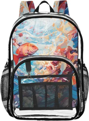 senya Transparent School Bag Colored Goldfish Colony Travel Backpack With Water-Resistant PVC Plastic Clear Bagpack