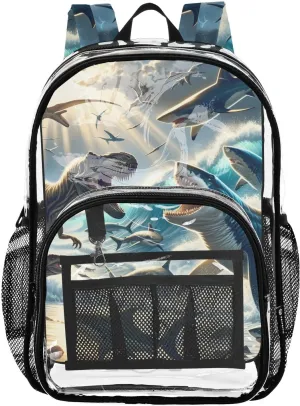 senya Transparent School Bag Dinosaur Shark Battle Travel Backpack With Water-Resistant PVC Plastic Clear Bagpack