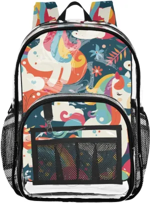 senya Transparent School Bag Doodle Unicorns Rainbow Travel Backpack With Water-Resistant PVC Plastic Clear Bagpack