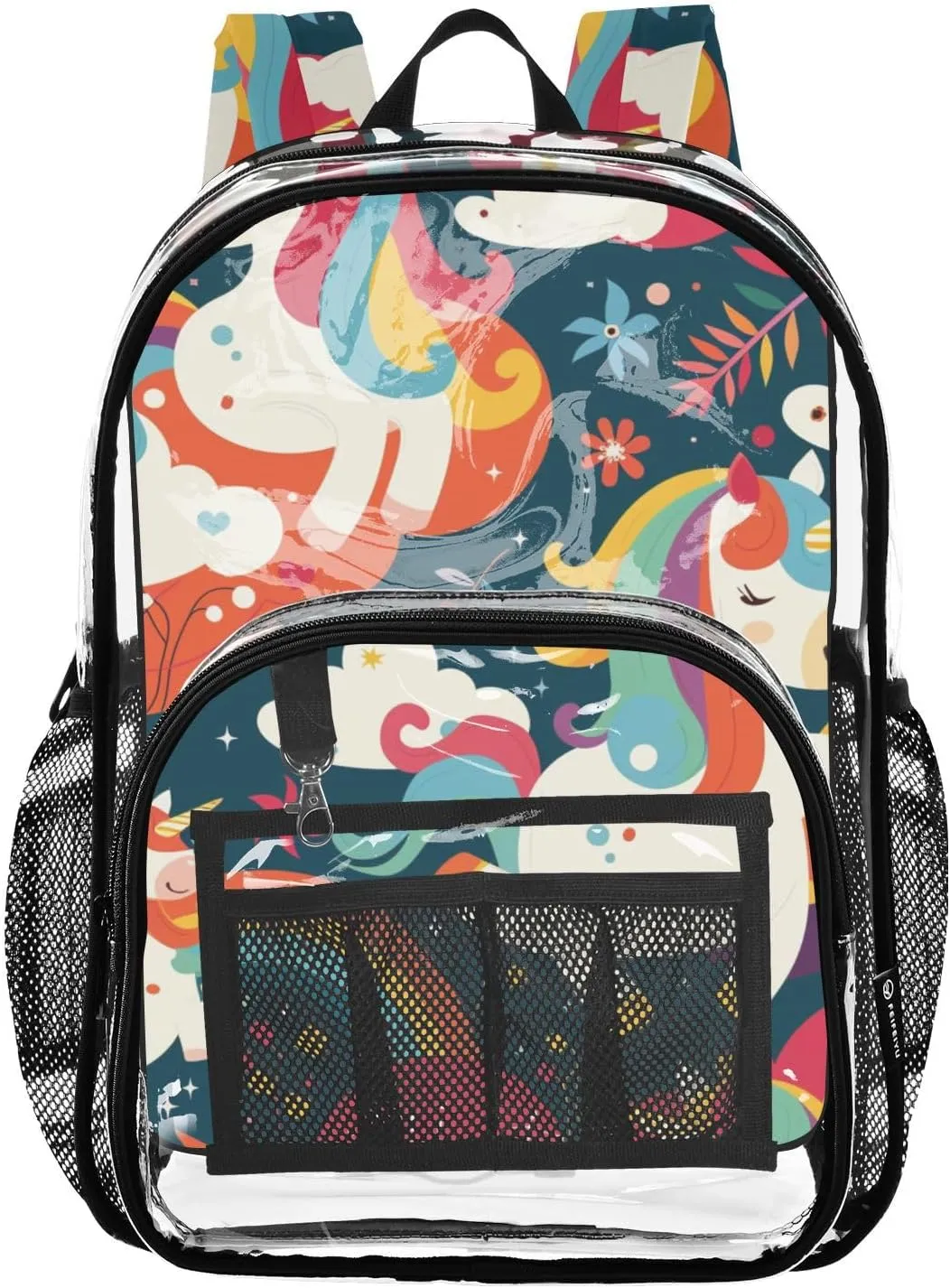 senya Transparent School Bag Doodle Unicorns Rainbow Travel Backpack With Water-Resistant PVC Plastic Clear Bagpack