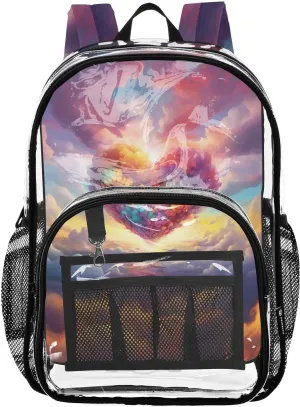 senya Transparent School Bag Heart Colorful Clouds Travel Backpack With Water-Resistant PVC Plastic Clear Bagpack