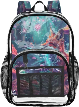 senya Transparent School Bag Jungle Mushroom Fox Travel Backpack With Water-Resistant PVC Plastic Clear Bagpack