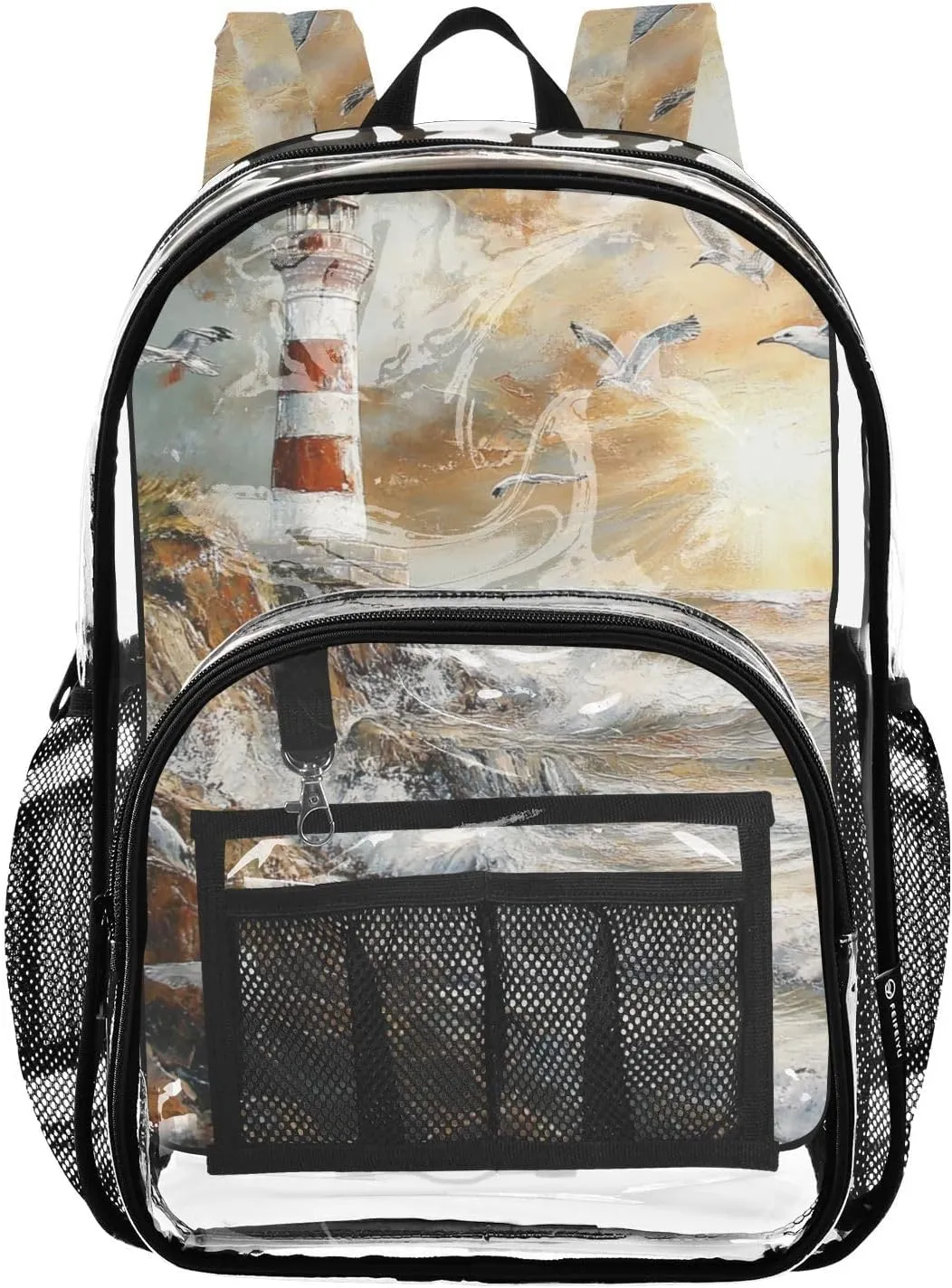 senya Transparent School Bag Lighthouse Sunset Seagull Travel Backpack With Water-Resistant PVC Plastic Clear Bagpack