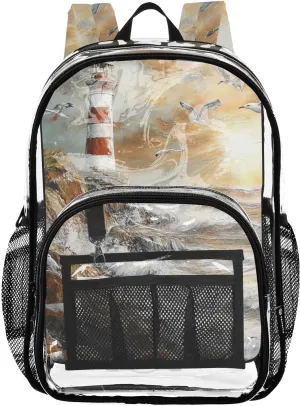 senya Transparent School Bag Lighthouse Sunset Seagull Travel Backpack With Water-Resistant PVC Plastic Clear Bagpack
