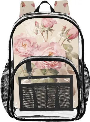 senya Transparent School Bag Pink Rose Bee Travel Backpack With Water-Resistant PVC Plastic Clear Bagpack