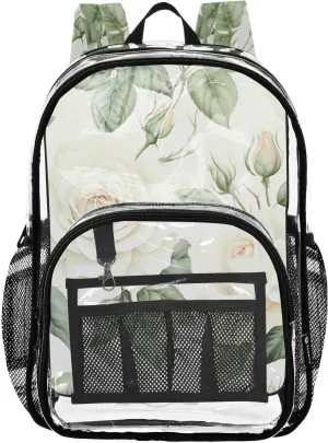 senya Transparent School Bag Pure White Rose Travel Backpack With Water-Resistant PVC Plastic Clear Bagpack