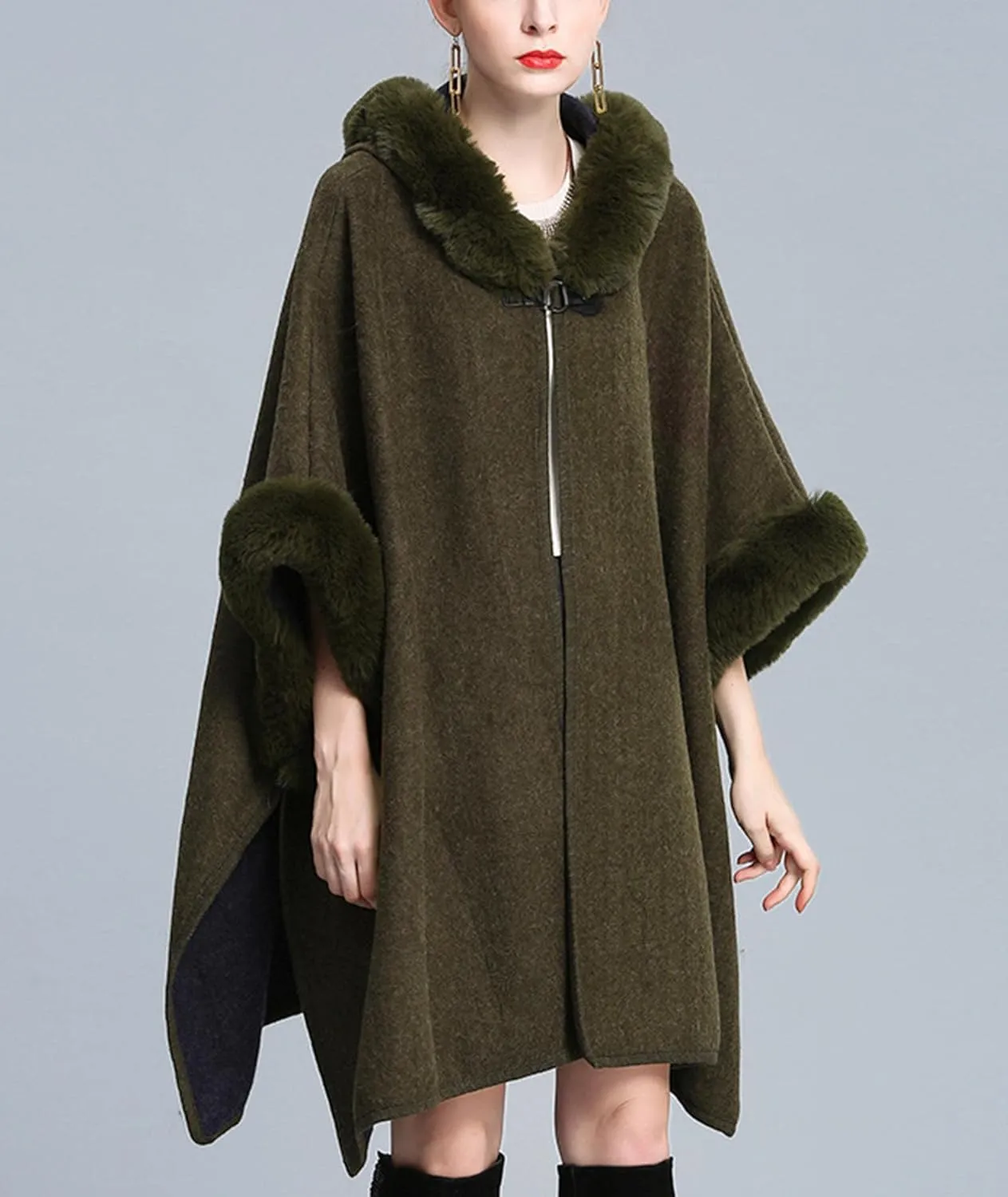 Sexyshine Women's Faux Fur Hooded Cloak Poncho Coat Loose Batwing Sleeve Woolen Shawl Wrap Sweater Cape Jacket