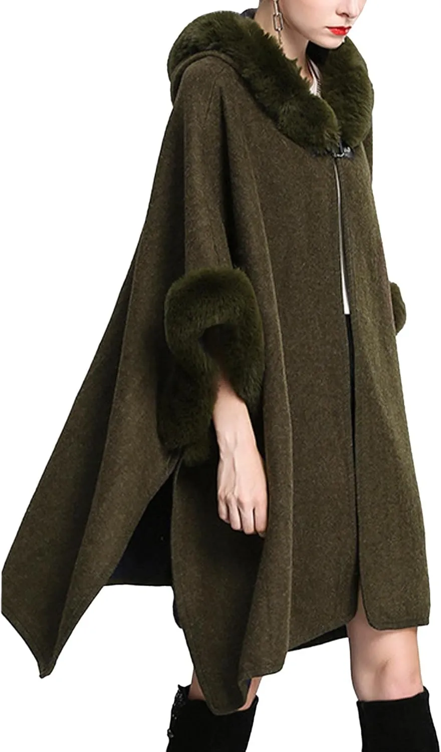Sexyshine Women's Faux Fur Hooded Cloak Poncho Coat Loose Batwing Sleeve Woolen Shawl Wrap Sweater Cape Jacket