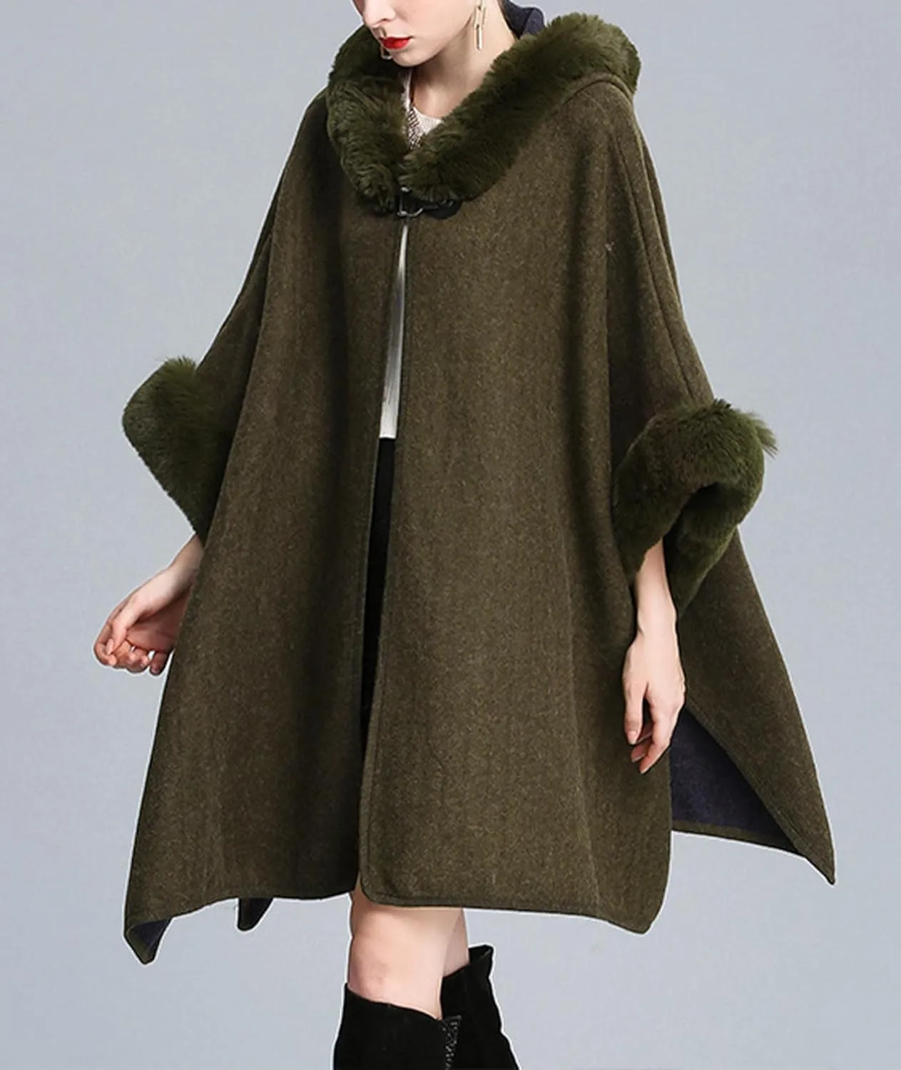 Sexyshine Women's Faux Fur Hooded Cloak Poncho Coat Loose Batwing Sleeve Woolen Shawl Wrap Sweater Cape Jacket