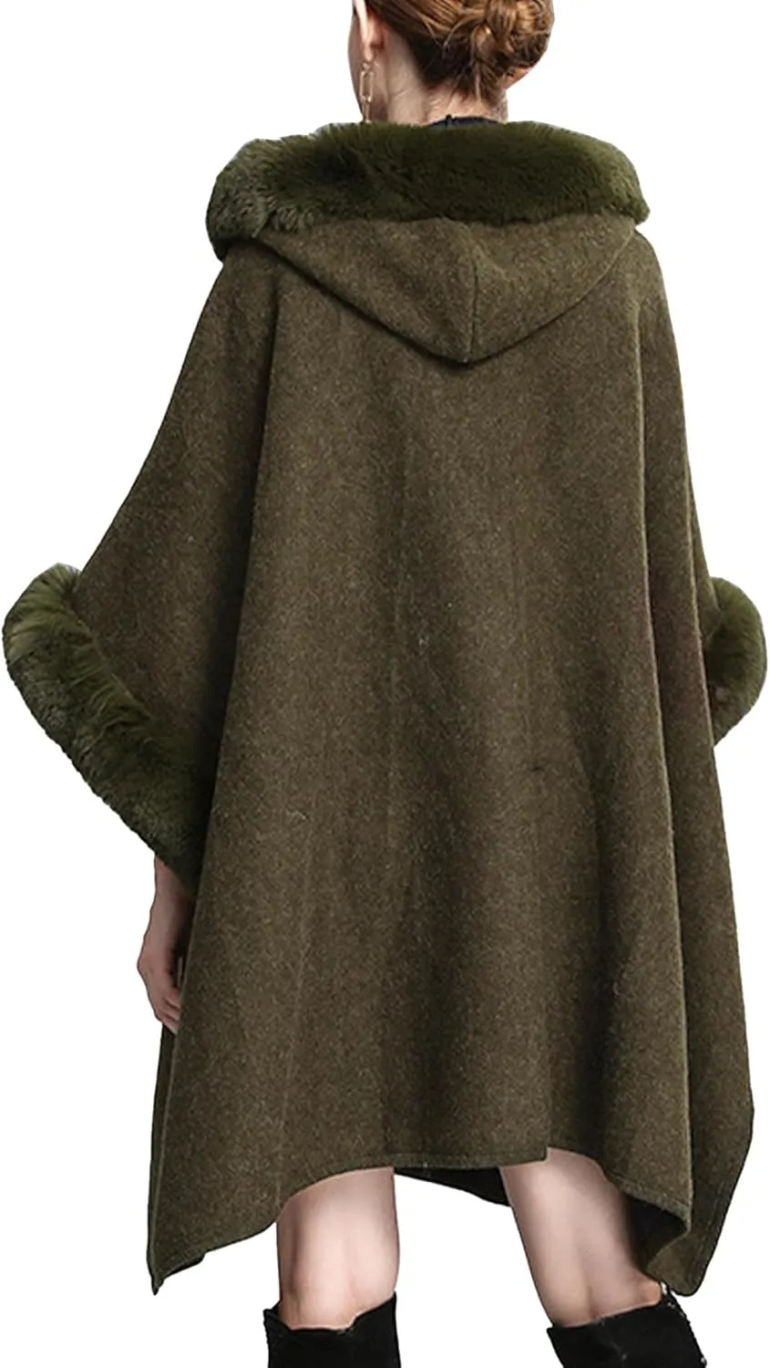 Sexyshine Women's Faux Fur Hooded Cloak Poncho Coat Loose Batwing Sleeve Woolen Shawl Wrap Sweater Cape Jacket