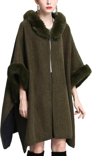 Sexyshine Women's Faux Fur Hooded Cloak Poncho Coat Loose Batwing Sleeve Woolen Shawl Wrap Sweater Cape Jacket
