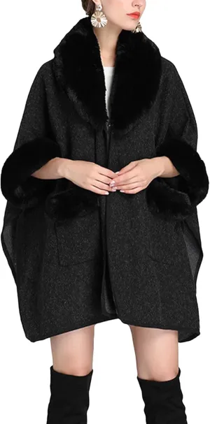Sexyshine Women's Faux Fur Trim Cloak Poncho Coat Batwing Sleeve Pocket Oversized Woolen Shawl Wrap Cape Jacket