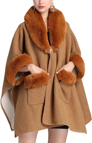 Sexyshine Women's Faux Fur Trim Cloak Poncho Coat Batwing Sleeve Pocket Oversized Woolen Shawl Wrap Cape Jacket