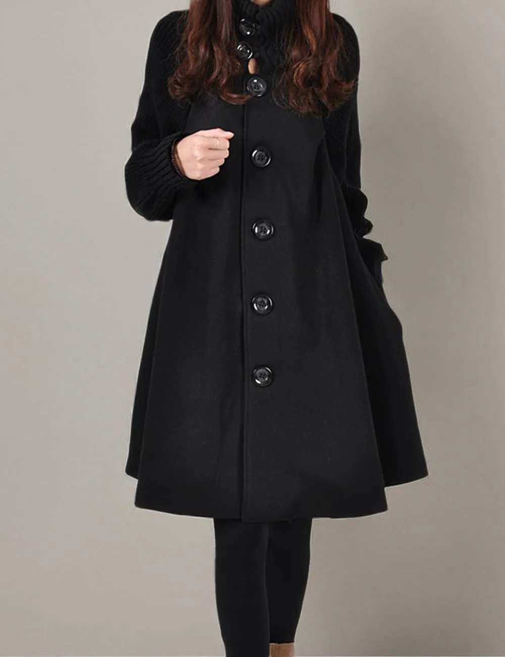Sexyshine Women's Mid Long Length Single Breasted Cowl High Neck Loose Button Down Woolen Cloak Coat Jacket