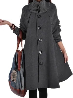 Sexyshine Women's Mid Long Length Single Breasted Cowl High Neck Loose Button Down Woolen Cloak Coat Jacket