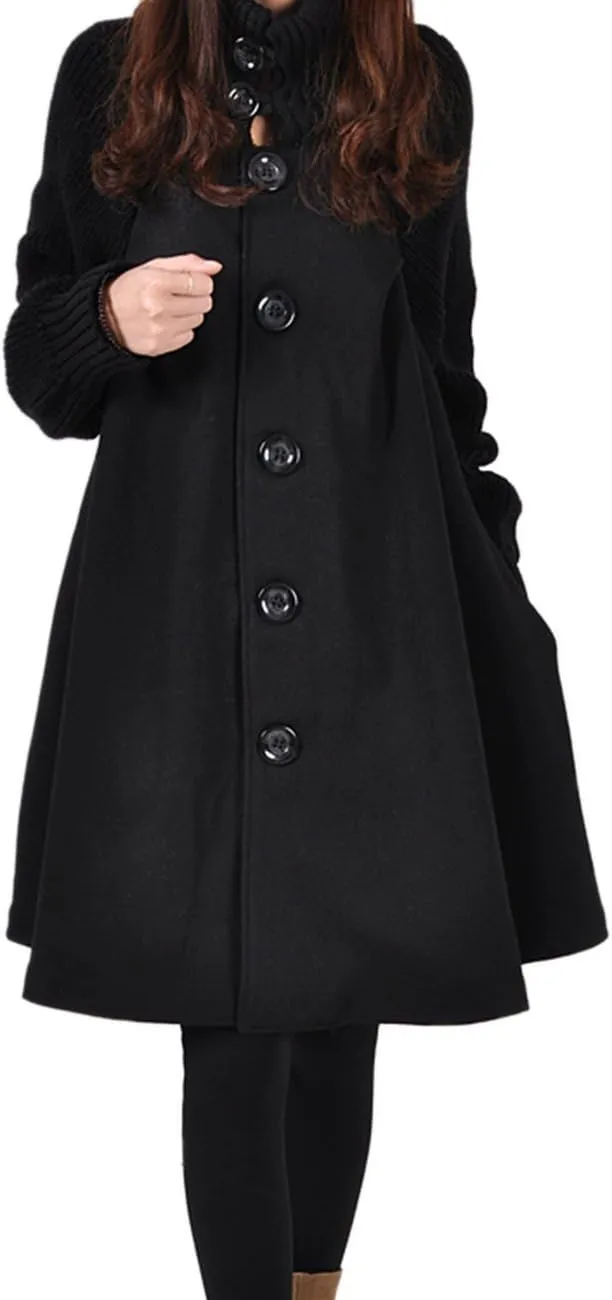 Sexyshine Women's Mid Long Length Single Breasted Cowl High Neck Loose Button Down Woolen Cloak Coat Jacket
