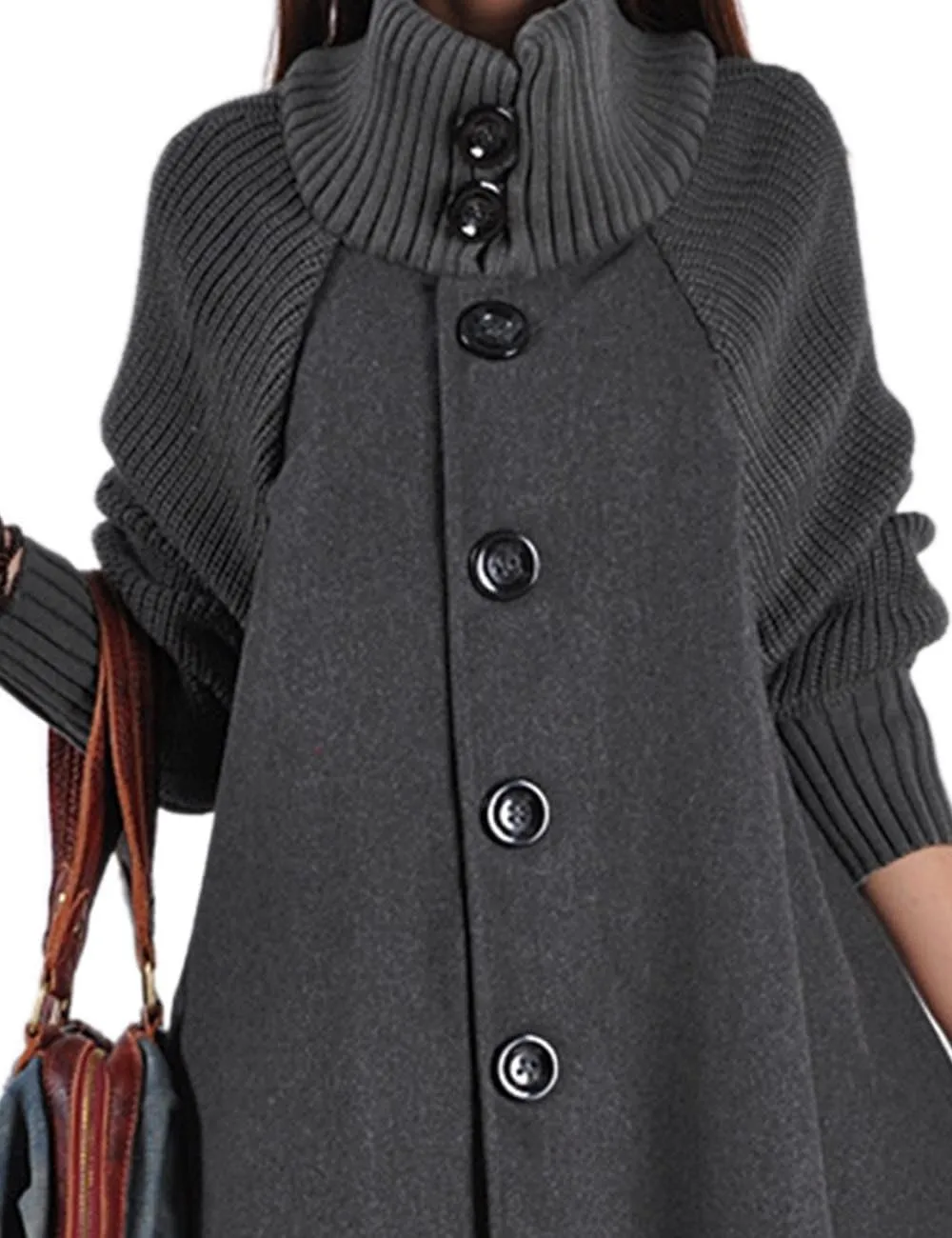 Sexyshine Women's Mid Long Length Single Breasted Cowl High Neck Loose Button Down Woolen Cloak Coat Jacket
