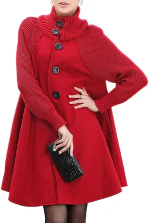 Sexyshine Women's Mid Long Length Single Breasted Cowl High Neck Loose Button Down Woolen Cloak Coat Jacket