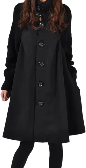 Sexyshine Women's Mid Long Length Single Breasted Cowl High Neck Loose Button Down Woolen Cloak Coat Jacket