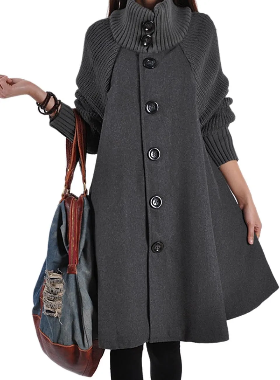 Sexyshine Women's Mid Long Length Single Breasted Cowl High Neck Loose Button Down Woolen Cloak Coat Jacket