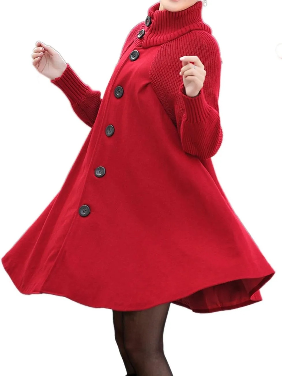 Sexyshine Women's Mid Long Length Single Breasted Cowl High Neck Loose Button Down Woolen Cloak Coat Jacket