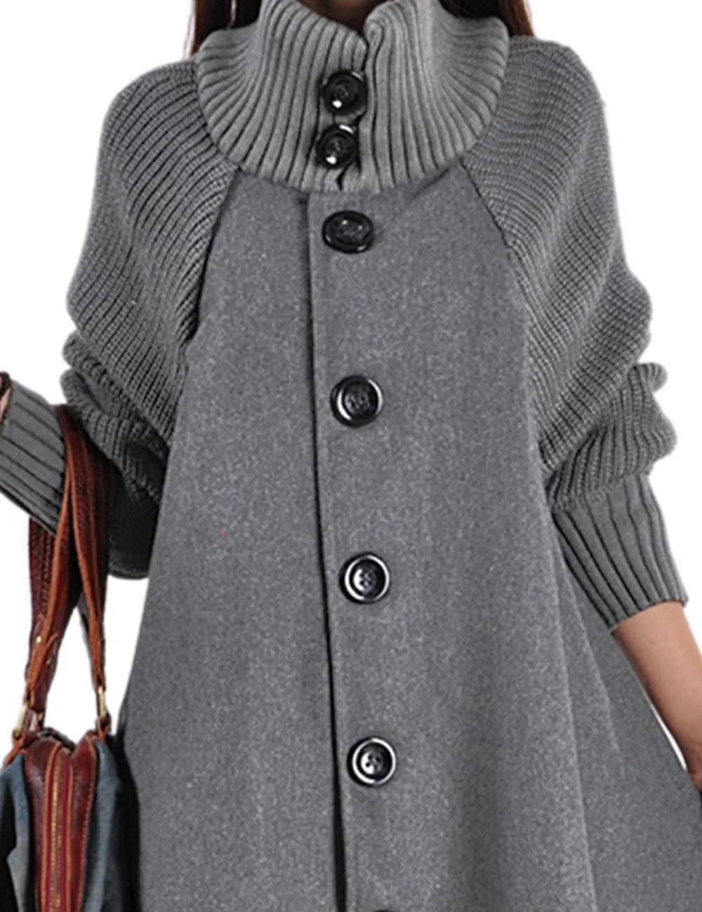 Sexyshine Women's Mid Long Length Single Breasted Cowl High Neck Loose Button Down Woolen Cloak Coat Jacket