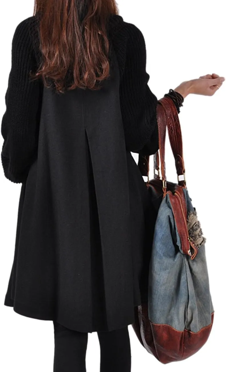 Sexyshine Women's Mid Long Length Single Breasted Cowl High Neck Loose Button Down Woolen Cloak Coat Jacket