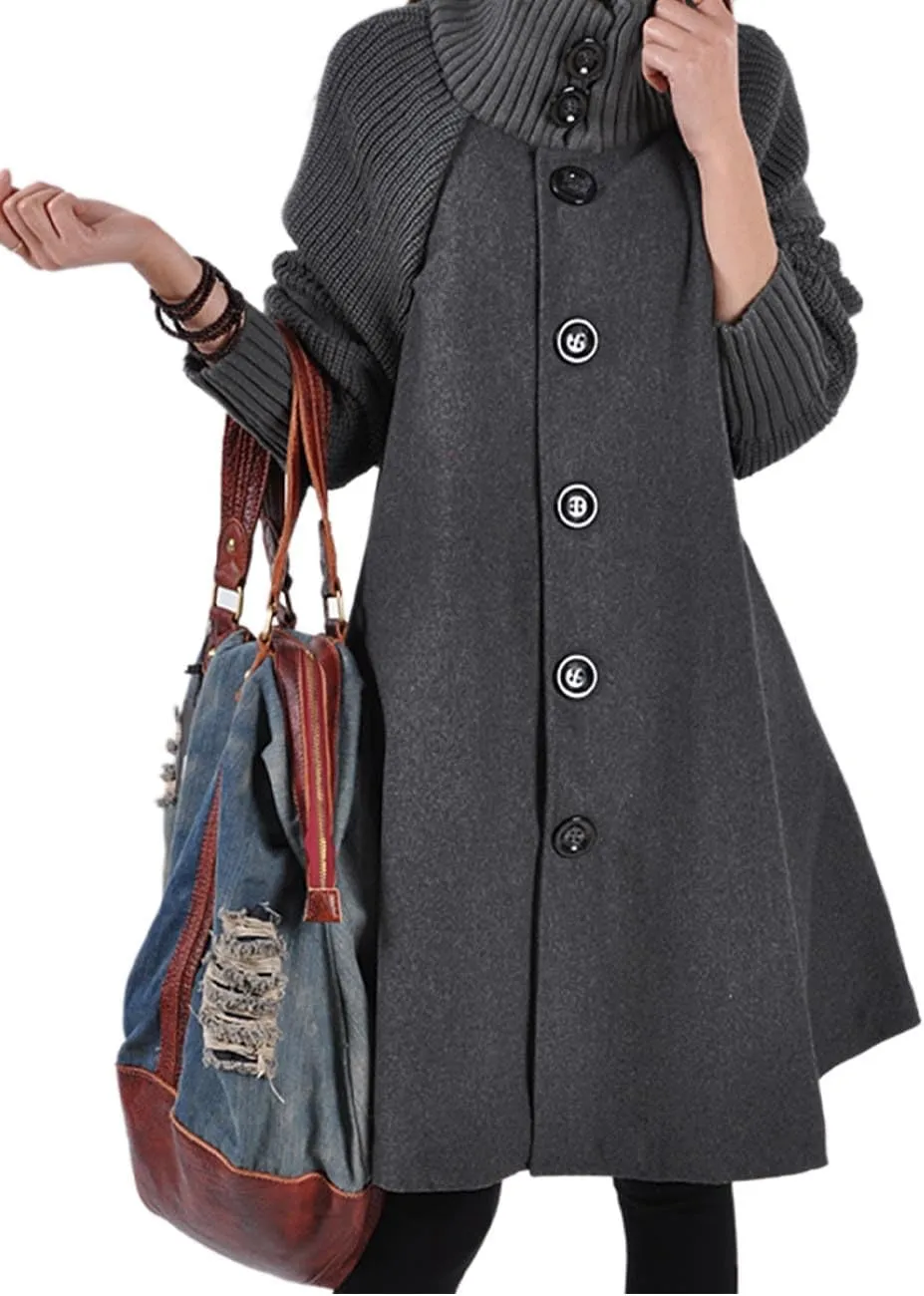 Sexyshine Women's Mid Long Length Single Breasted Cowl High Neck Loose Button Down Woolen Cloak Coat Jacket