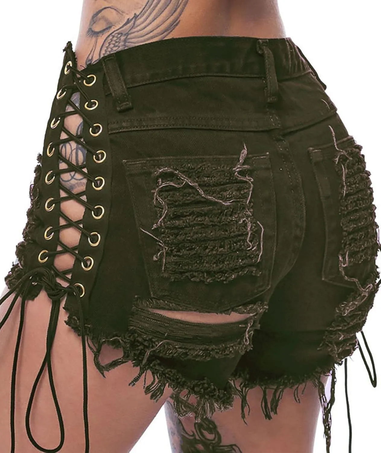 Sexyshine Women's Sexy Casual Hot Pants Cut Off Ripped Hole Lace Up Bandage Jeans Denim Shorts Clubwear