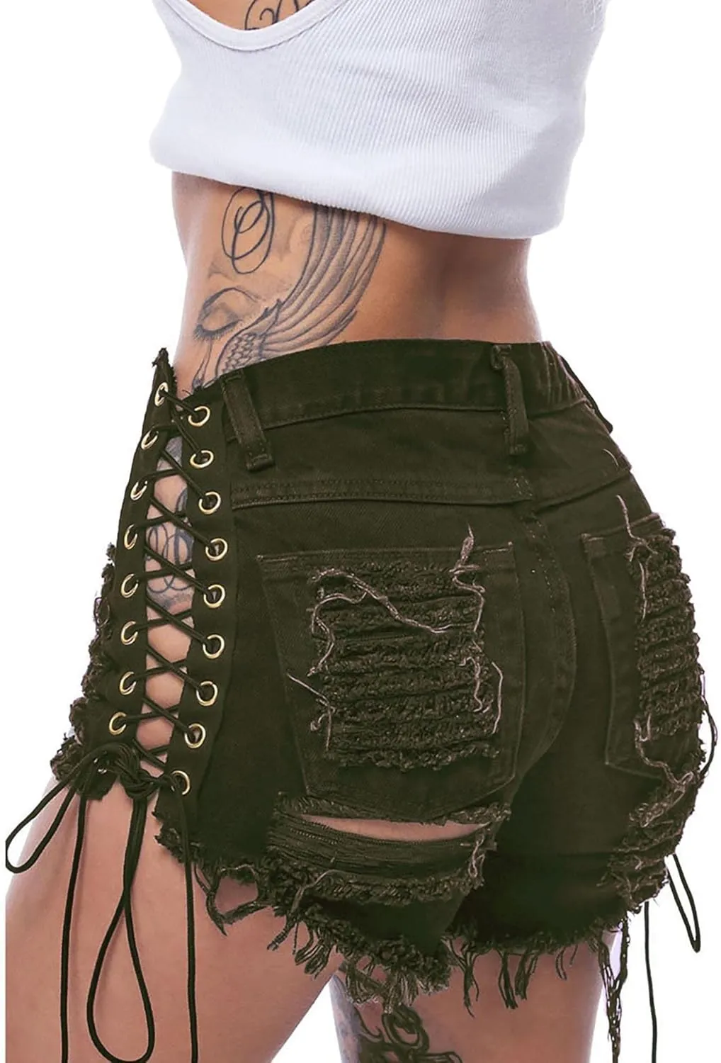 Sexyshine Women's Sexy Casual Hot Pants Cut Off Ripped Hole Lace Up Bandage Jeans Denim Shorts Clubwear