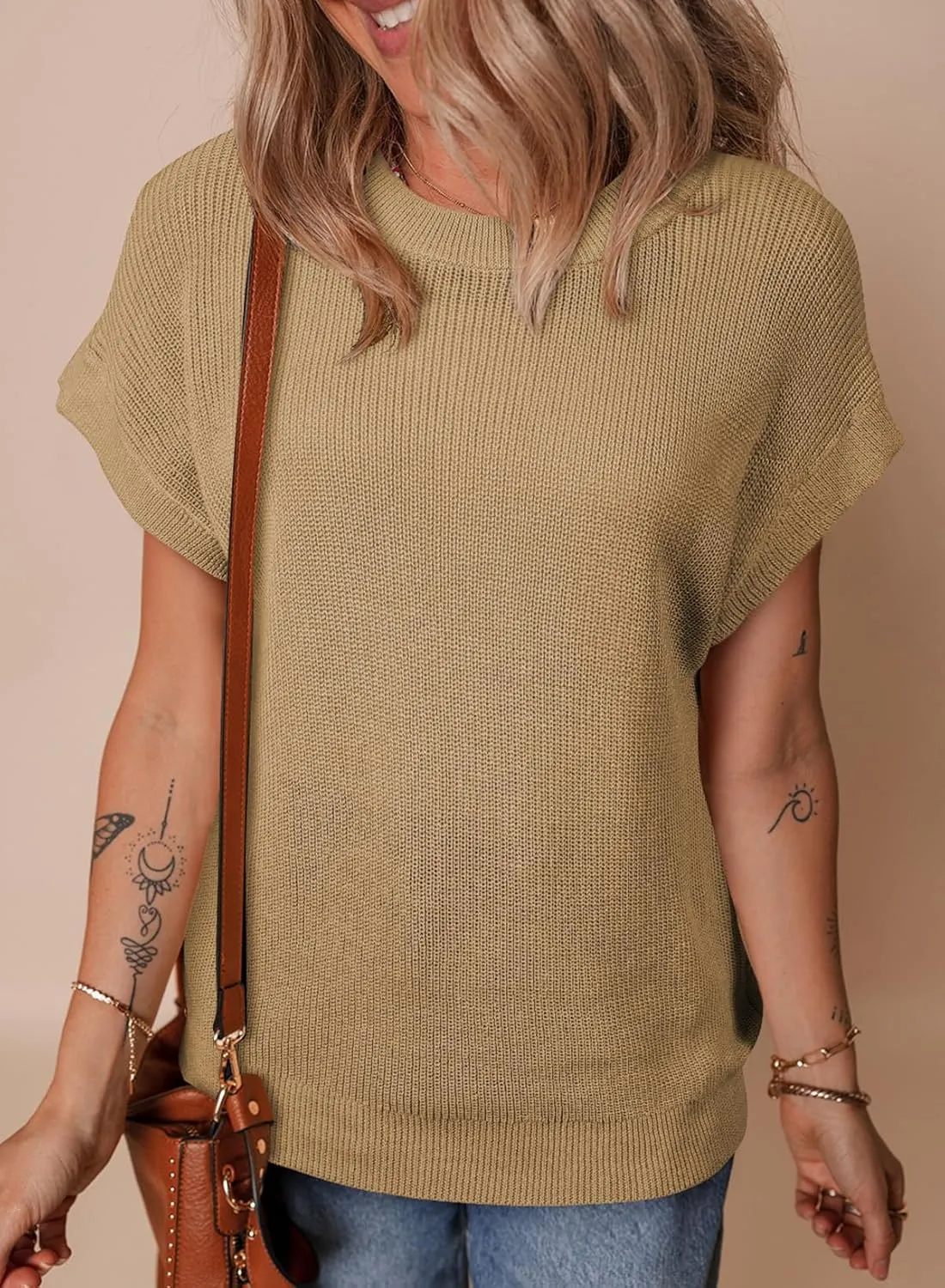 SHEWIN Womens Sweaters Crewneck Short Sleeve Shirts Casual Ribbed Knit Pullover Sweater Loose Tops for Women 2025