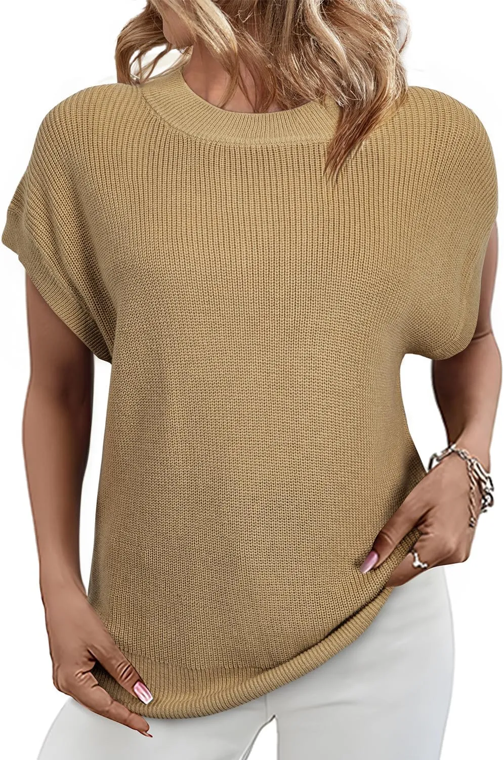 SHEWIN Womens Sweaters Crewneck Short Sleeve Shirts Casual Ribbed Knit Pullover Sweater Loose Tops for Women 2025