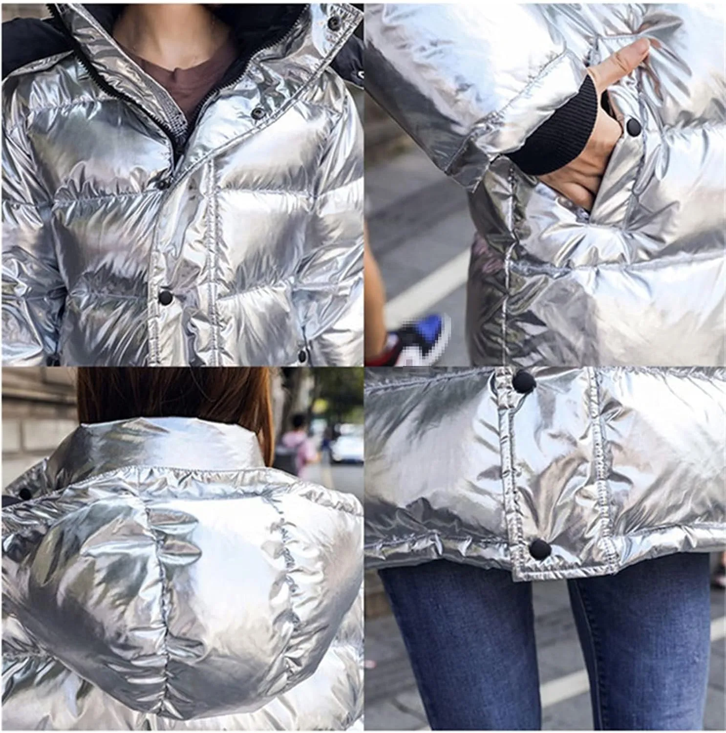 Silver Glossy Winter Down Jacket Detachable Hooded Parkas Warm Loose Thicken Ladies Rainproof Short Snow Outwear