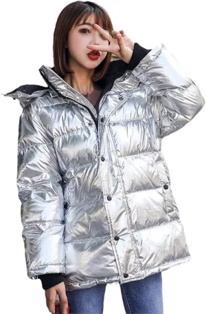 Silver Glossy Winter Down Jacket Detachable Hooded Parkas Warm Loose Thicken Ladies Rainproof Short Snow Outwear