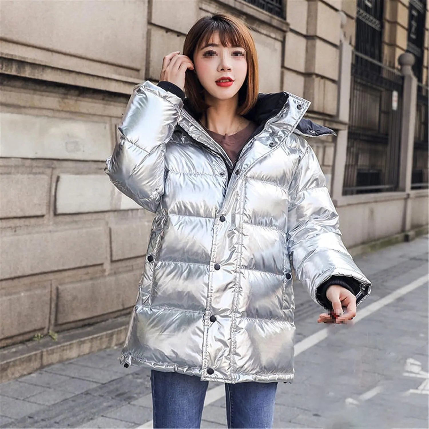 Silver Glossy Winter Down Jacket Detachable Hooded Parkas Warm Loose Thicken Ladies Rainproof Short Snow Outwear