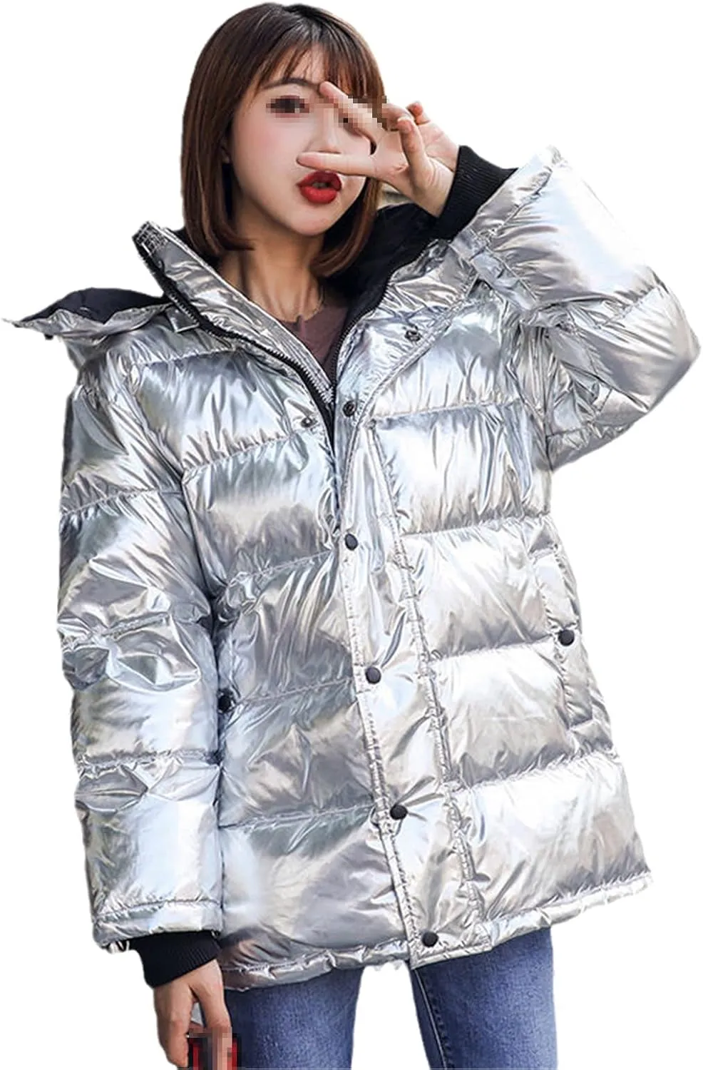 Silver Glossy Winter Down Jacket Detachable Hooded Parkas Warm Loose Thicken Ladies Rainproof Short Snow Outwear